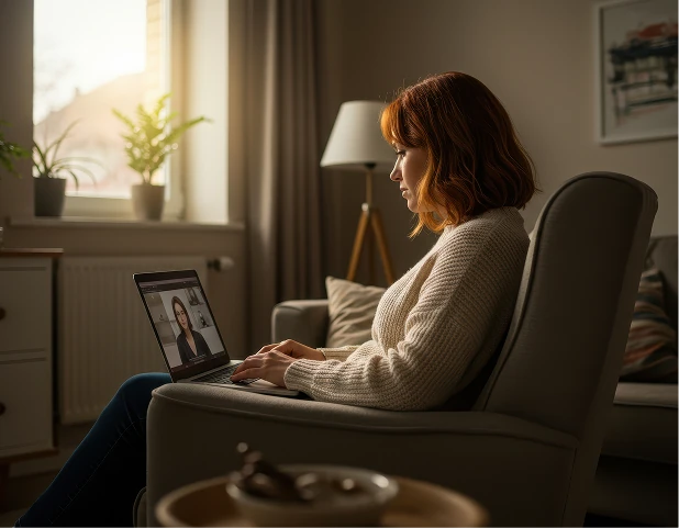 Junge Frau in entspannter Umgebung während einer psychotherapeutischen Online-Sitzung.